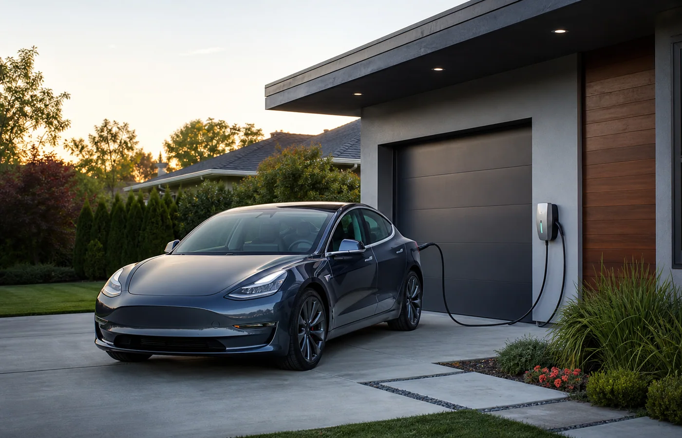 Electric vehicle parked at home for overnight charging