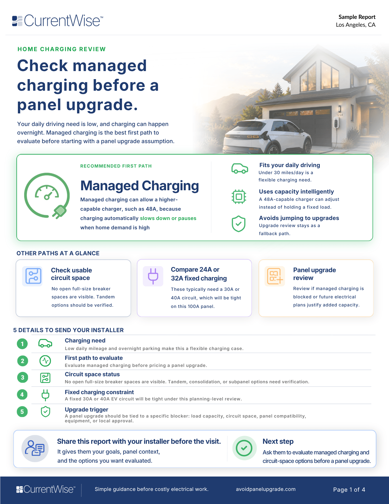 Fictional CurrentWise Home Charging Review sample showing managed charging as the recommended first path before a panel upgrade.