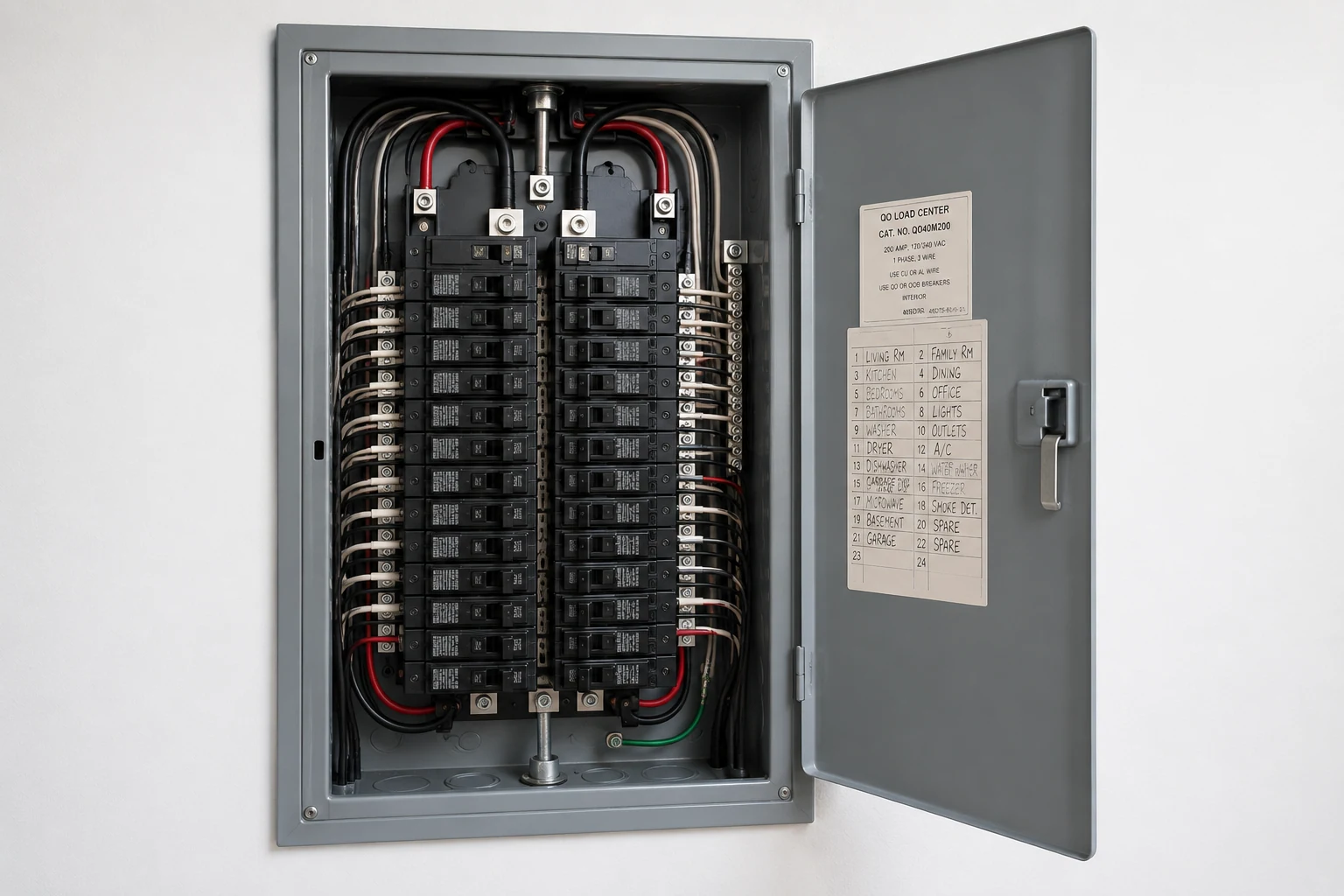 Open residential electrical panel showing breakers and circuit information