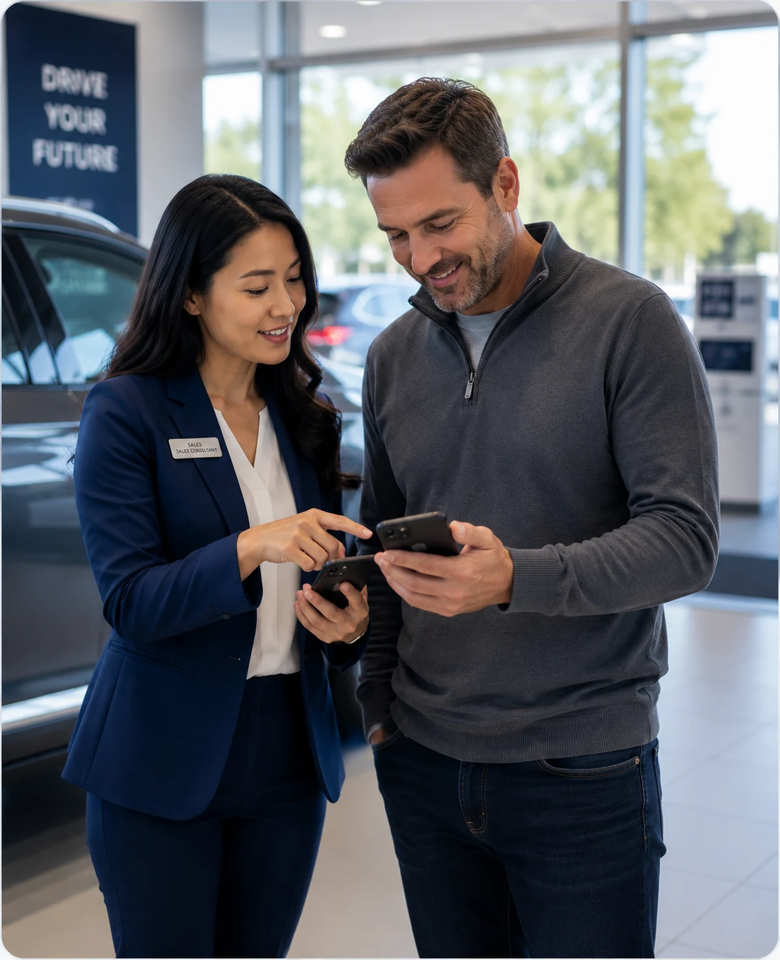 EV sales representative helping a customer access CurrentWise on their phones at a dealership