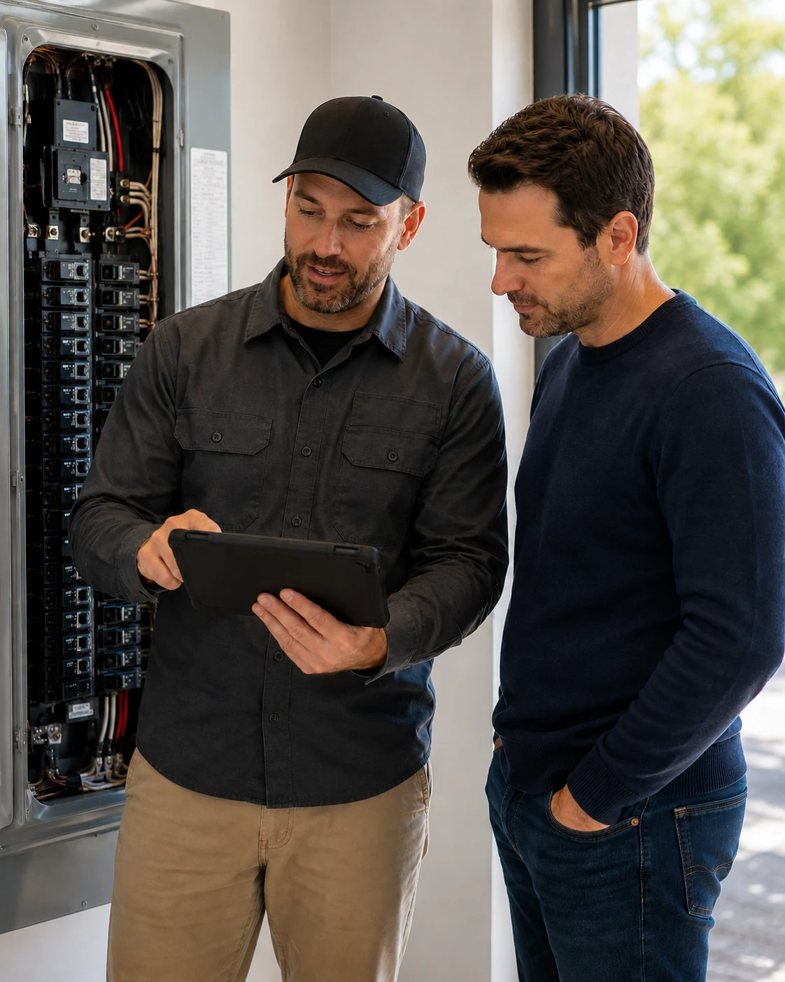 Installer and homeowner reviewing home charging information on a tablet beside an electrical panel
