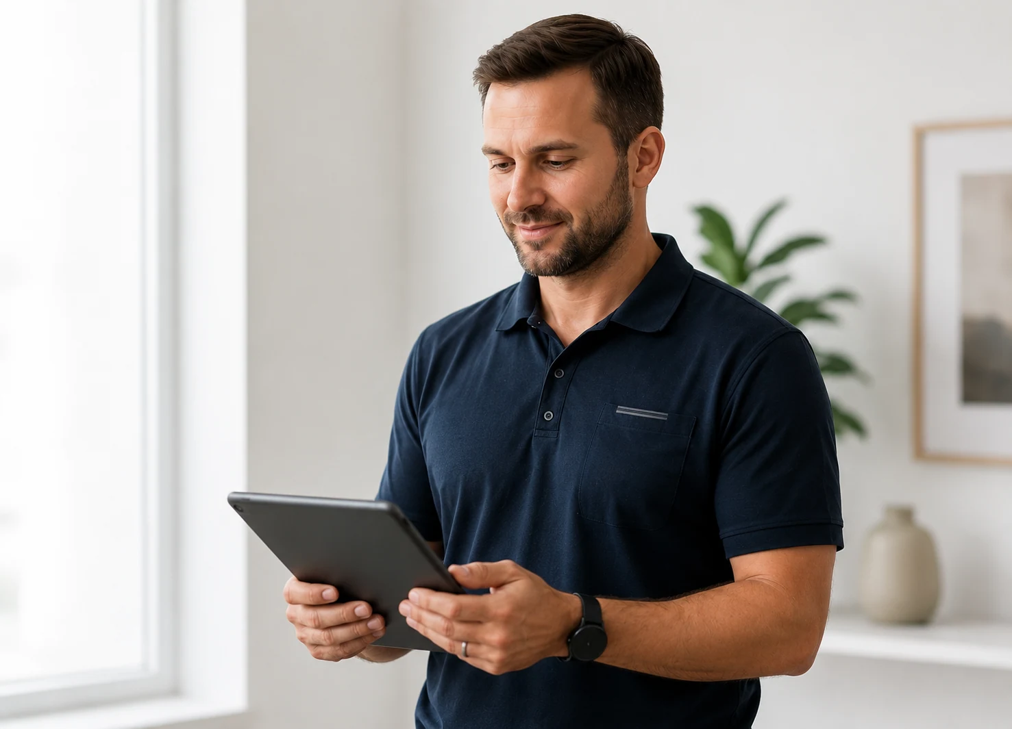 Electrification professional reviewing customer information on a tablet